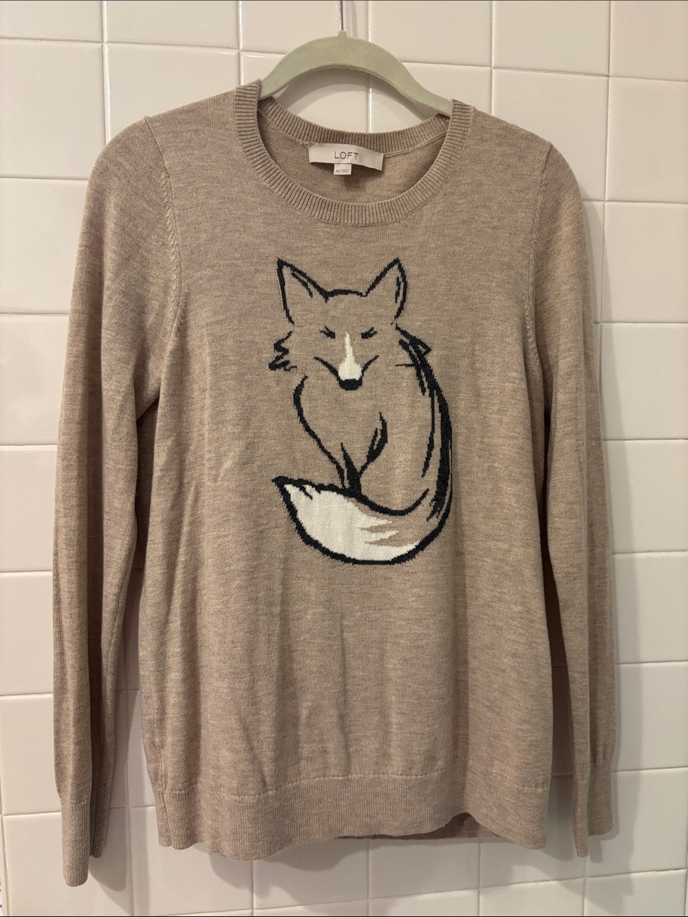 LOFT Beige Fox-Graphic Crewneck Sweater